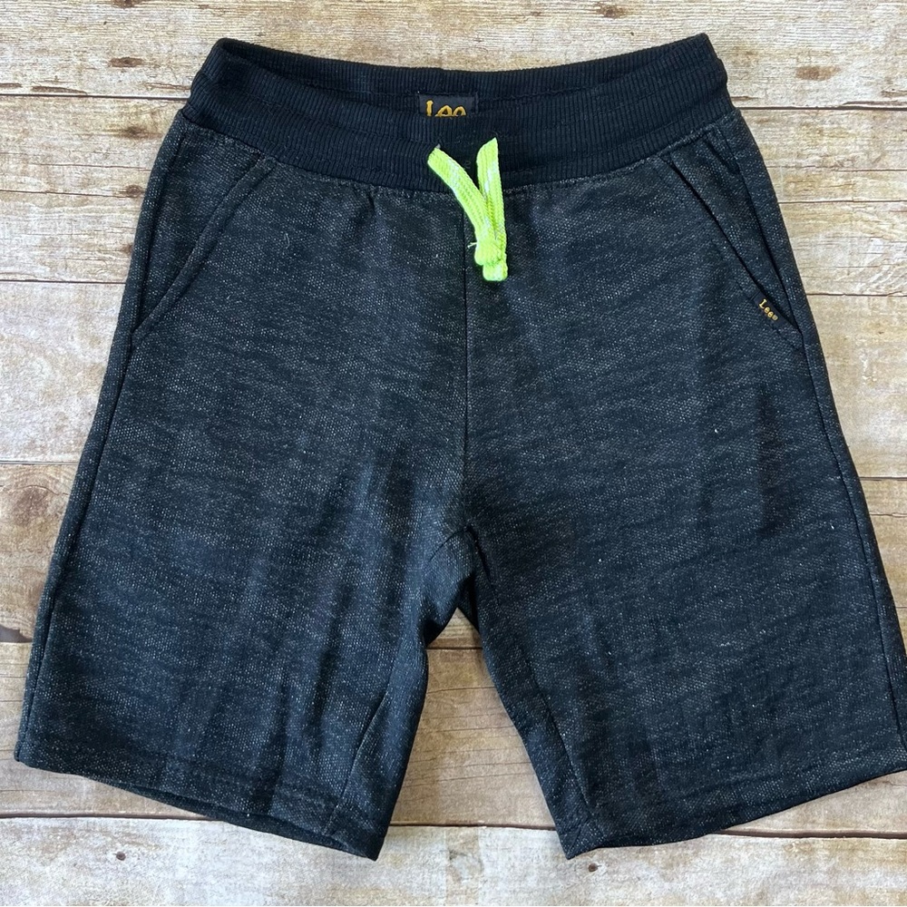 Lee‎ Boys Knit Shorts Charcoal Gray Marl Elastic Waist Lime Green Drawstring